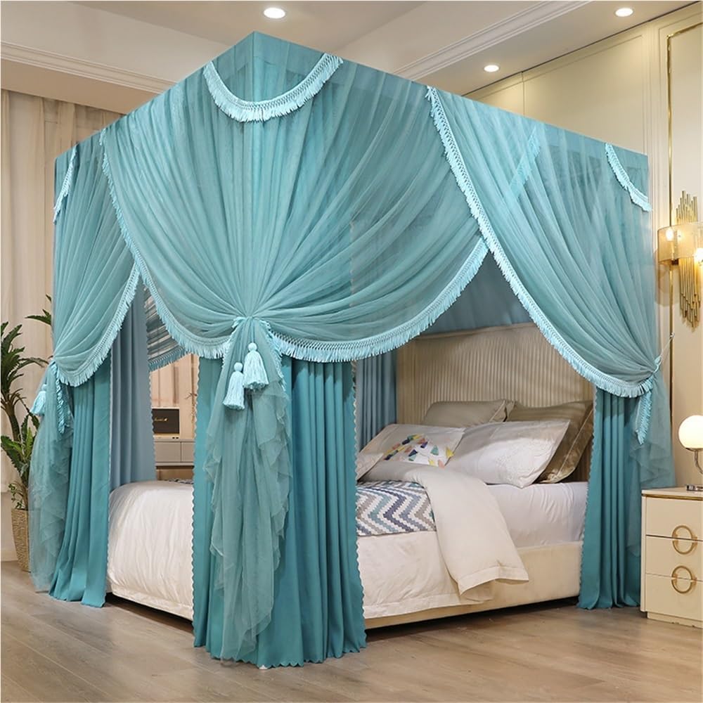 4 Corner Post Bed Canopy, Double Layer Mosquito Net, 4 Opening Bed Drape, Luxurious Canopy Bed Curtain for Adults, Bedroom Decor(Green,59.1 x 78.7 in)