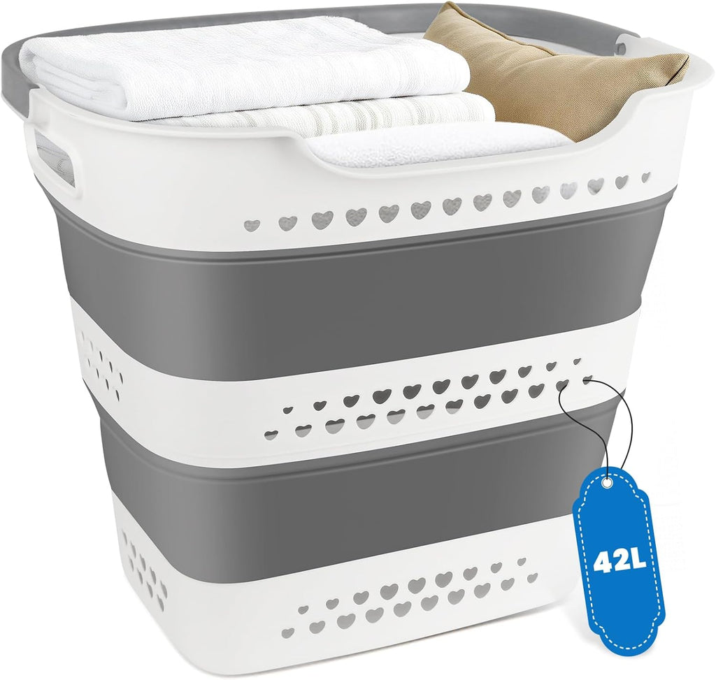 42L Collapsible Laundry Baskets with Handle, Large Laundry Hamper Plastic for Dirty Clothes, Pop Up Hampers Portable Bin Storage Basket Organizer for Home Dorm Room Organization RV Camping Essentials