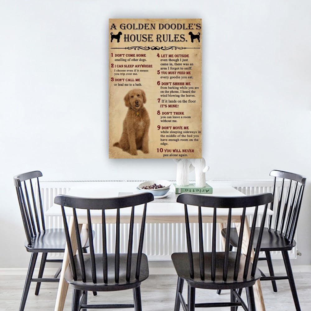 Panfegzi Golden Doodle Dog House Rules Retro Poster Wall Art Pictures for Bedroom Deco Home Canvas Colouring Painting Decoration Print Artwork Giclee (16.00''x24.00'',Unframed)