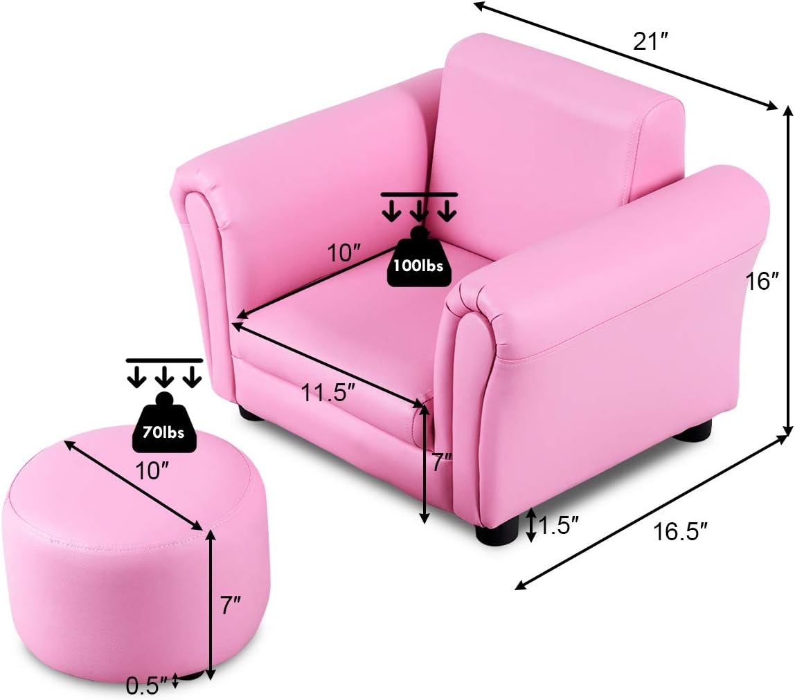 Costzon Kids Couch with Footstool, Children's Sofa with ASTM & CPSIA w/PU Leather Surface, Mini Armrest Chair Lounge, Soft Kids Sofa for Preschool Bedroom Kids Room Toddlers Boys Girls Birthday (Pink)