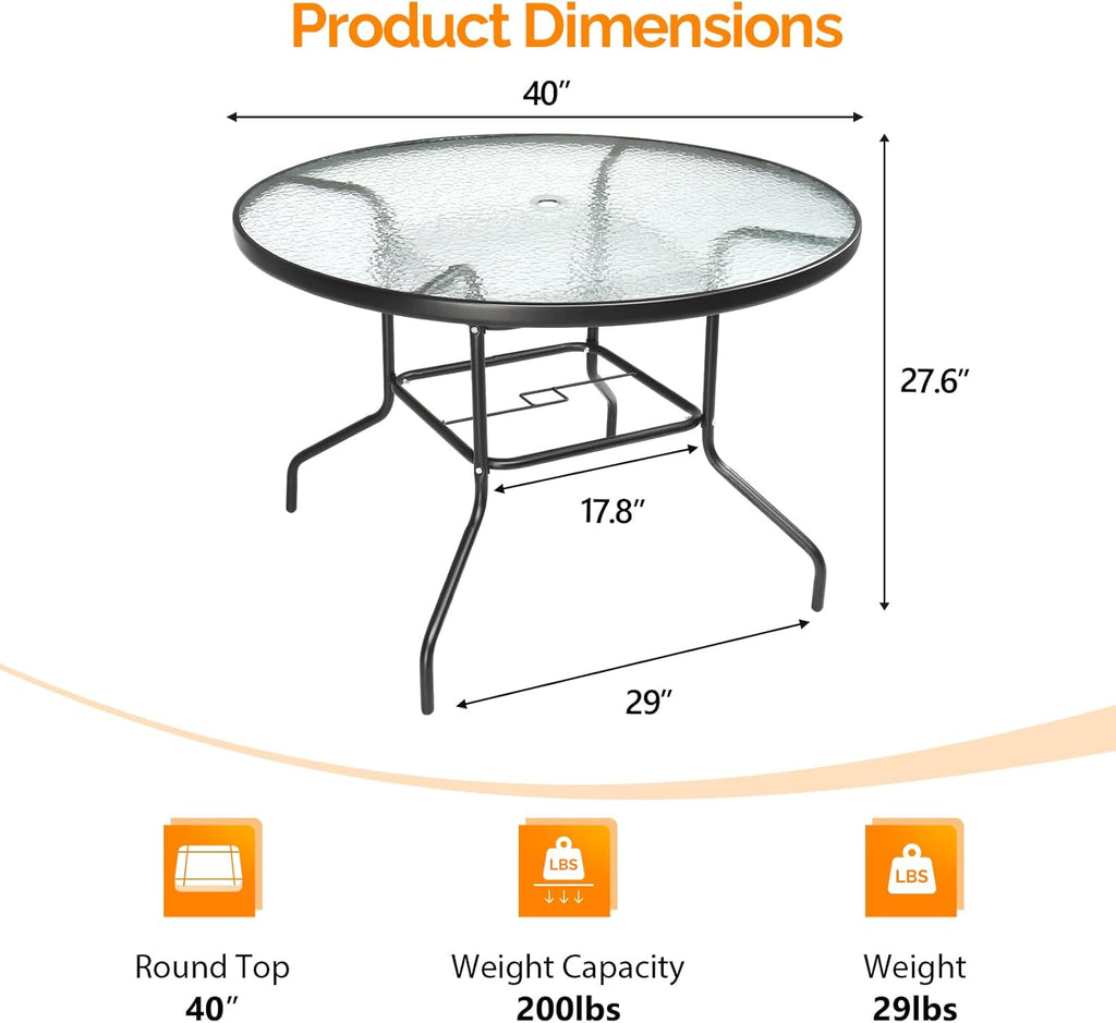 VINGLI 40'' Outdoor Dining Table with Umbrella Hole, All Weather Round Patio Table, Waterwave Tempered Glass Top and Metal Frame, for Garden Porch Balcony Yard