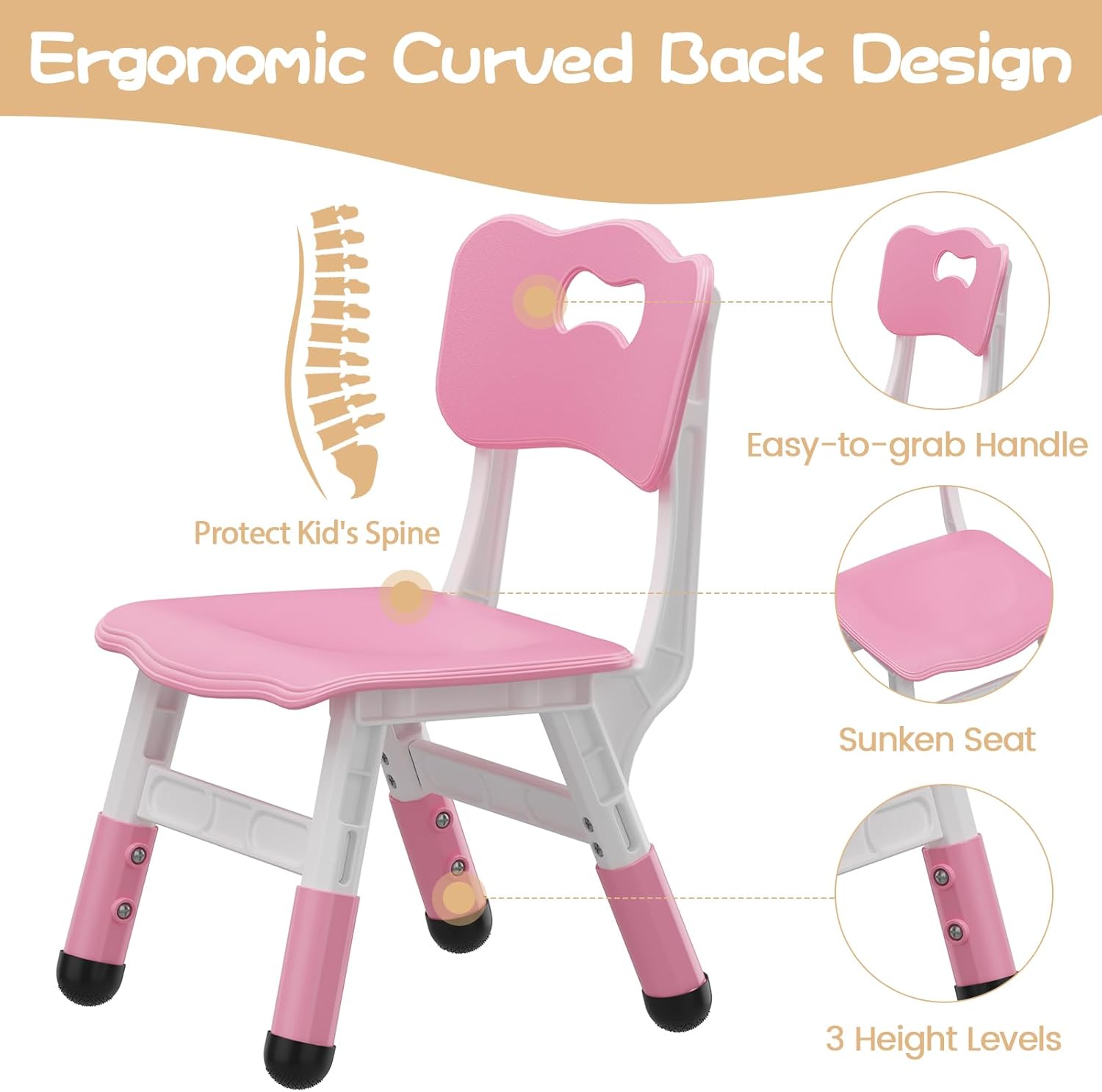 2 Pack Adjustable Kids Chair, 3 Height Levels Plastic Toddler Chair with Non-Slip Feet, 220lbs Load Capacity, Indoor Outdoor Home Kindergarten Chair for 3-8 Years Old-Pink