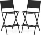 COSTWAY Outdoor Patio Bar Chair Set of 2, Folding Counter Height Stool with Metal Frame & Footrest, Patio Bar Stool for Balcony, Garden & Poolside (2, Black)