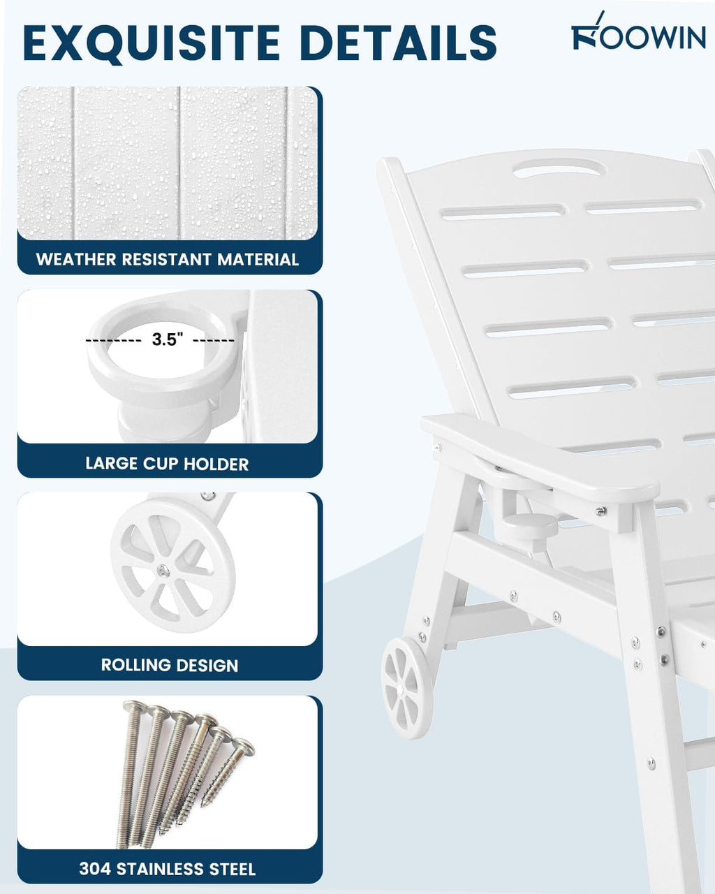 FOOWIN Chaise Lounge Chair, HDPE Lounge Chair Outdoor with 5 Positions, Oversized Pool Lounge Chairs with Rolling Wheels & Cup Holder for Poolside Deck Backyard, White