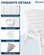 FOOWIN Chaise Lounge Chair, HDPE Lounge Chair Outdoor with 5 Positions, Oversized Pool Lounge Chairs with Rolling Wheels & Cup Holder for Poolside Deck Backyard, White