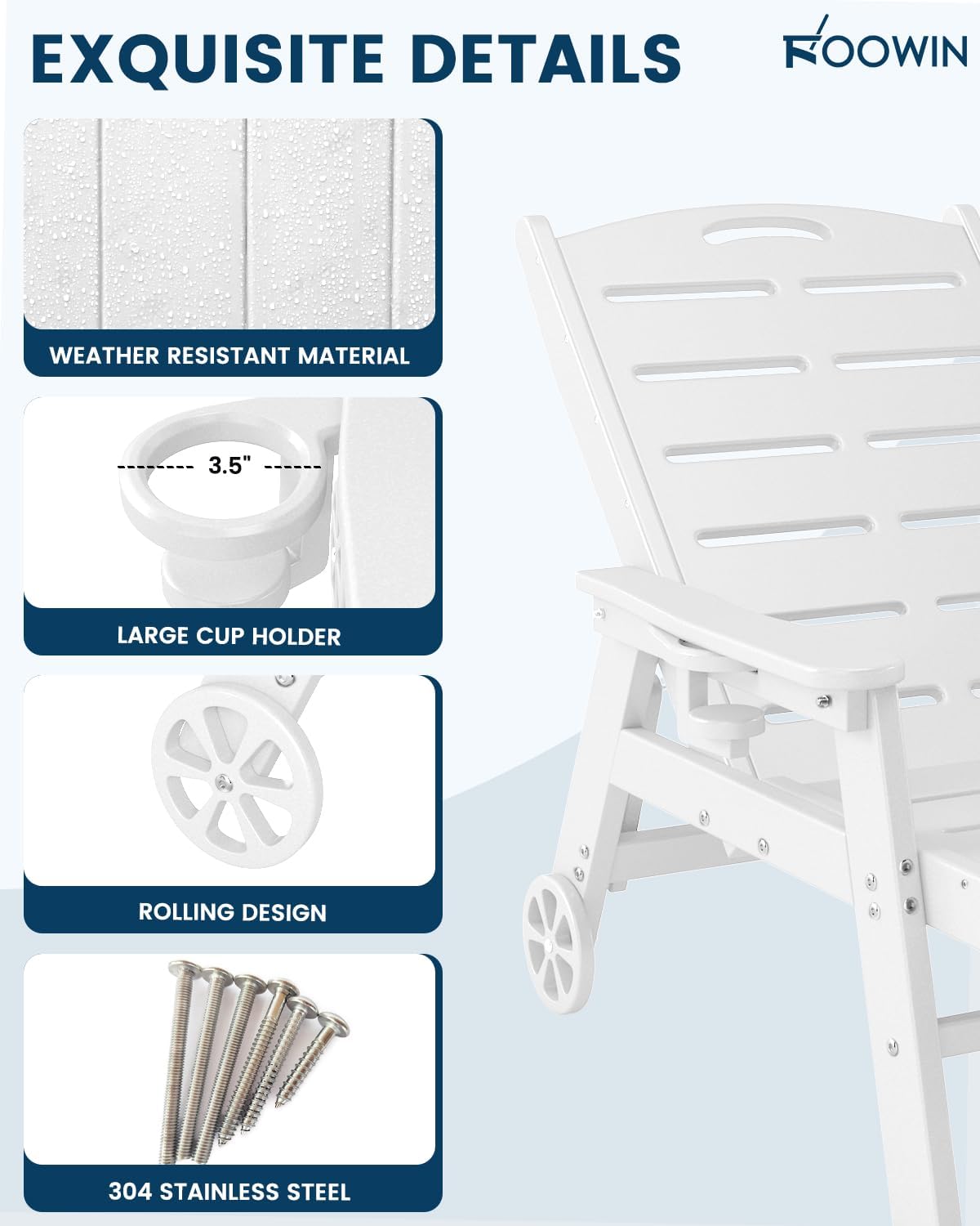 FOOWIN Chaise Lounge Chair, HDPE Lounge Chair Outdoor with 5 Positions, Oversized Pool Lounge Chairs with Rolling Wheels & Cup Holder for Poolside Deck Backyard, White