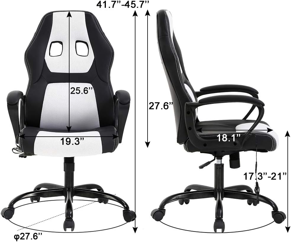 Gaming Chair Office Chair Desk Chair Massage Ergonomic PU Leather Racing Chair with Lumbar Support Headrest Armrest Task Rolling Swivel Computer Chair for Women Adults Girls(White)
