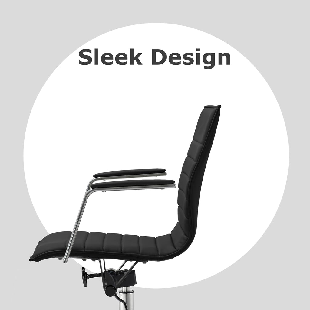 2xhome Modern Office Chairs | Upholstered PU Leather Ribbed Mid Back with Metal Frame | Adjustable Height, Tilt Lock | Computer Desk Chair, Meetings Parent (2, Grand Black, Armchair)