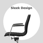 2xhome Modern Office Chairs | Upholstered PU Leather Ribbed Mid Back with Metal Frame | Adjustable Height, Tilt Lock | Computer Desk Chair, Meetings Parent (2, Grand Black, Armchair)
