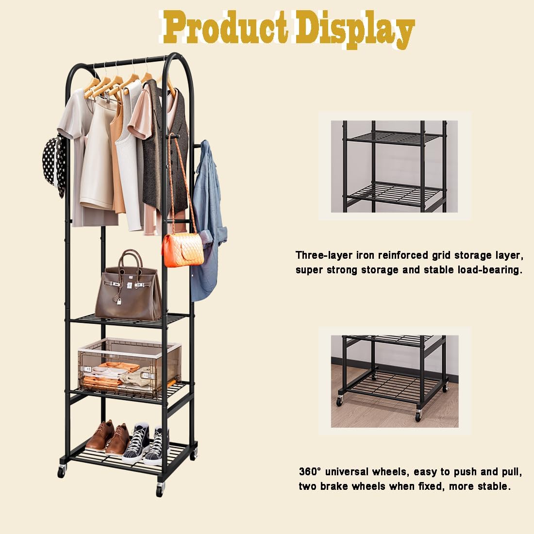SUOERNUO Rolling Clothes Rack Clothing Rack With 3 Tier Metal Shelves | Clothing racks for hanging clothes With 4 Hooks for Small Space.Garment Rack for Bedroom Laundry room Entrance Hall,Black