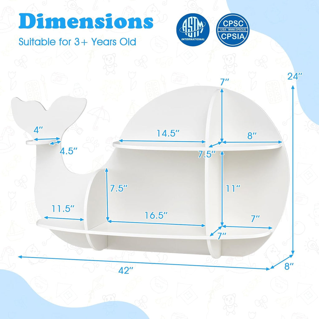 GLACER Wall Mounted Kids Bookshelf, Whale-Shaped Floating Bookshelf with 6 Open Shelves & 2 Tier Floating Wall Shelf, Wooden Nursery Bookshelf for Kid’s Room Bedroom Living Room Reading Corner