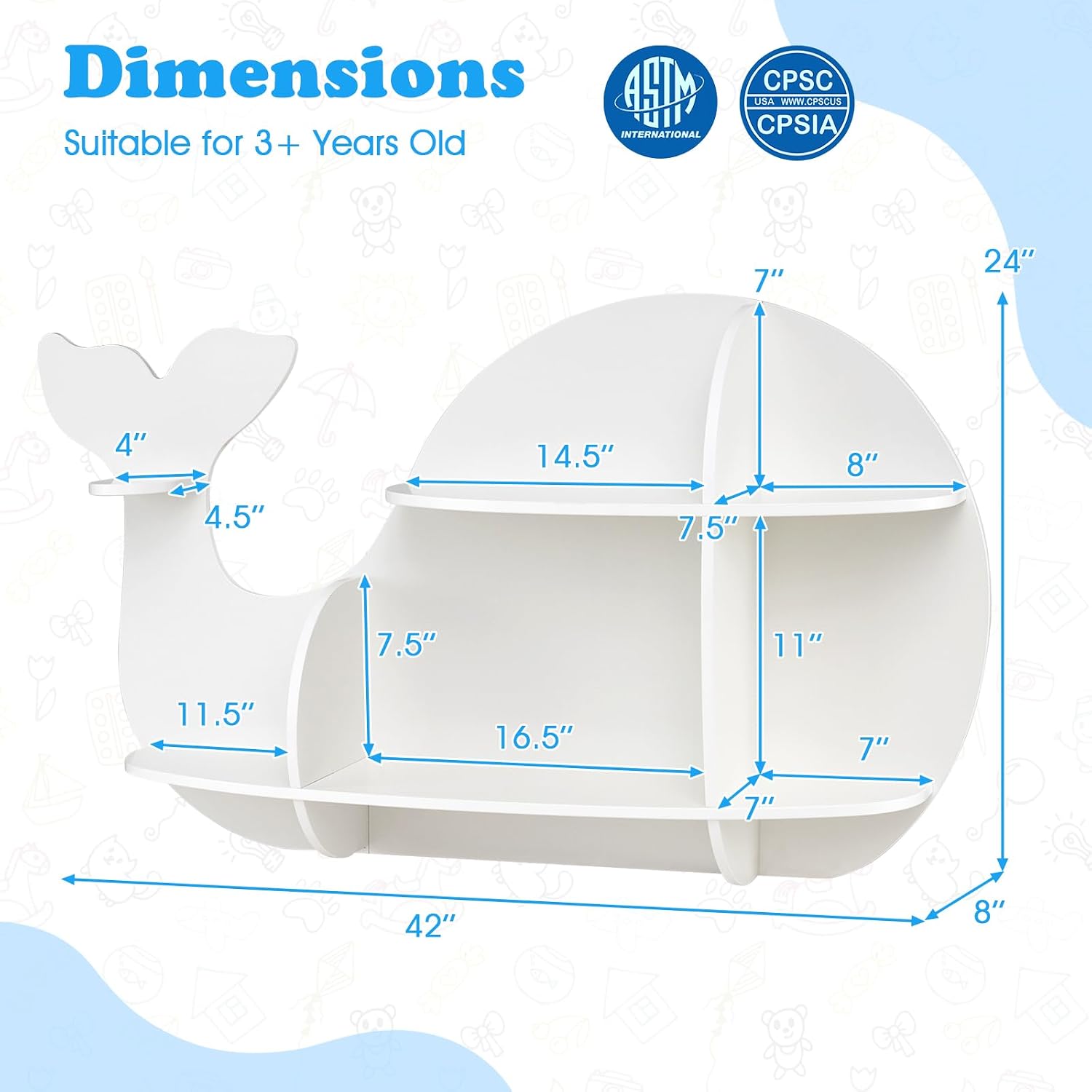 GLACER Wall Mounted Kids Bookshelf, Whale-Shaped Floating Bookshelf with 6 Open Shelves & 2 Tier Floating Wall Shelf, Wooden Nursery Bookshelf for Kid’s Room Bedroom Living Room Reading Corner