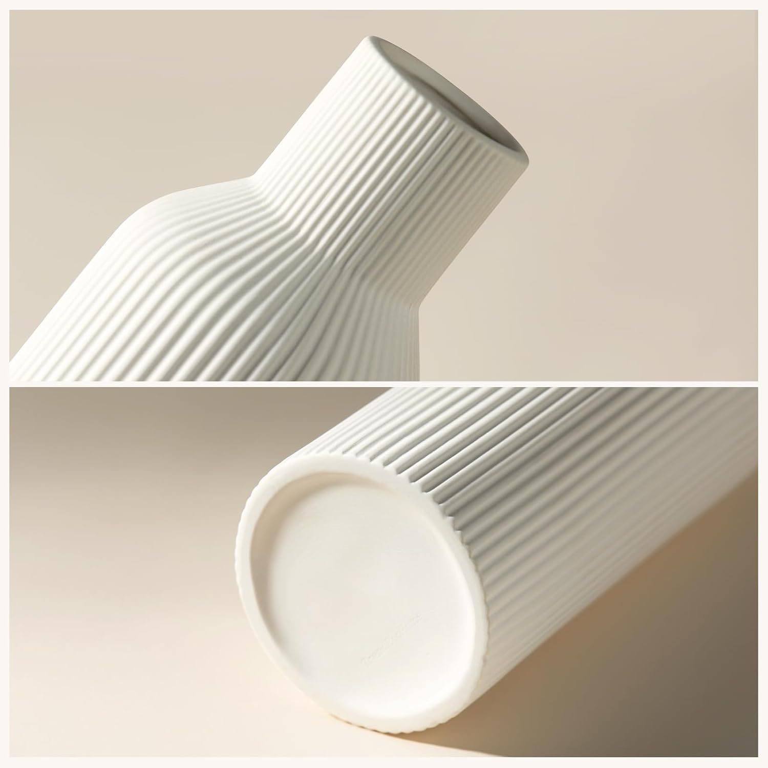 White Ceramic Flower Vases Set of 3, Modern Matte Vertical Ribbed, Nordic Minimalist Decor for Pampas, Dried & Fresh Flowers, Centerpiece for Living Room, Shelf, Entryway, Wedding,Office