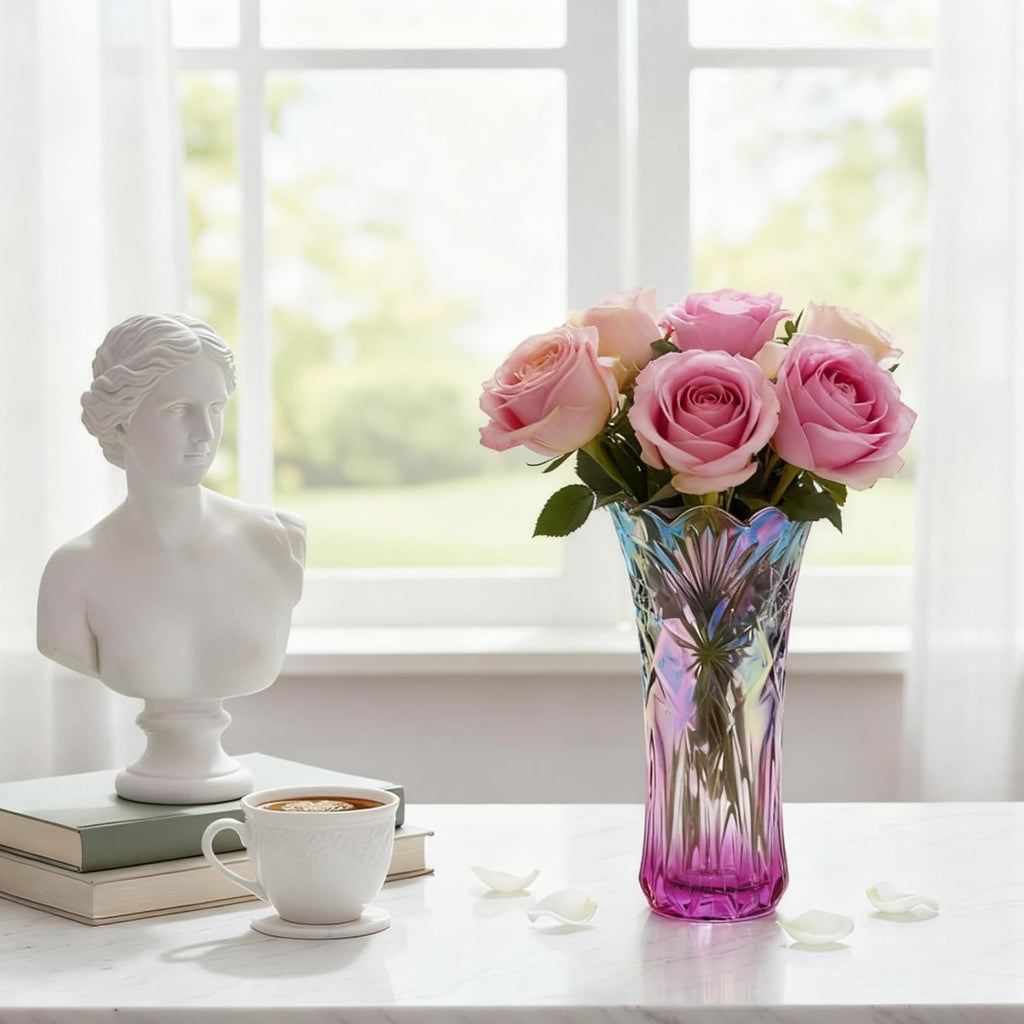 Dicunoy Set of 2 Glass Colorful Flower Vase, 9" Large Colored Crystal Flower Vase for Centerpieces, Heavy Duty Tall Flared Vase with Base for Dining Table, Living Room, Bouquet, Home, Wedding, Office