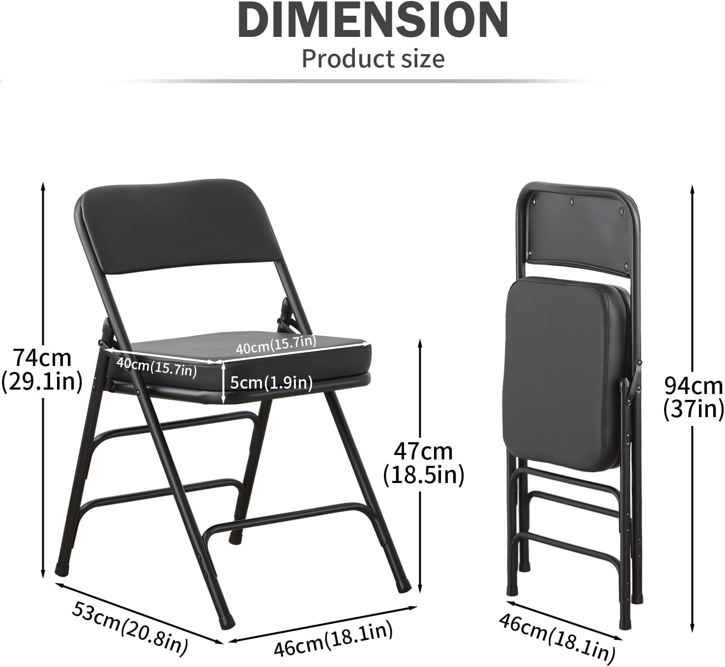 Folding Chair with Thick Cushioned Seat,1 Pack, Black, Portable Metal Frame Foldable Chair for Indoor & Outdoor Use, Durable and Comfortable Upholstered Chair for Home, Office, and Events