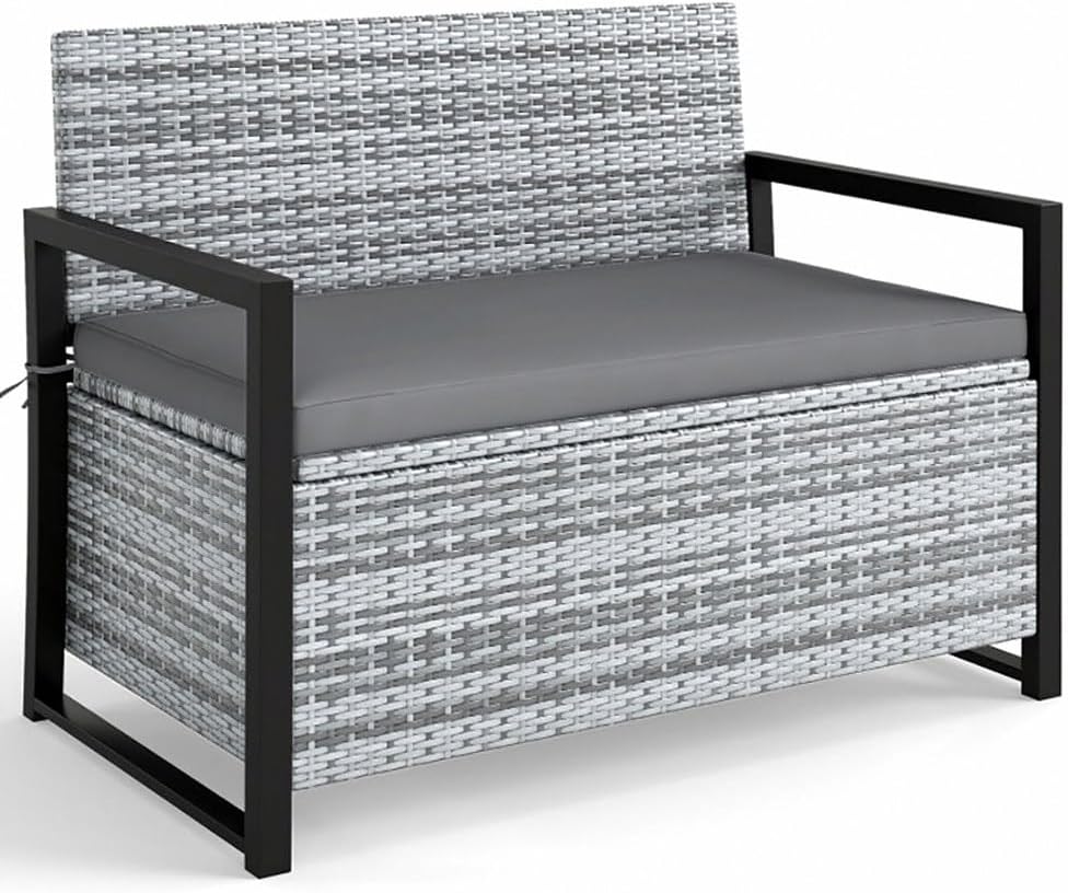 Gray Rustic PE Rattan Outdoor Storage Bench 24.5x46x33.5in, 800lb Capacity, 40 Gal Under-Seat, Weather-Resistant for Patio