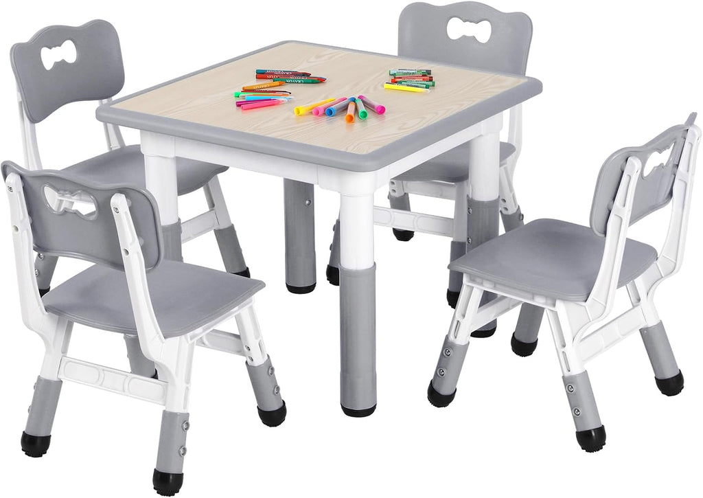 Arlopu Kids Table and 4 Chairs Set, Height Adjustable ((18.9"–23.6"), Anti-Slip Childrens Activity Desk, Wipe-Clean Desktop, Montessori Learning, Drawing for Toddler, Classroom, Home & Daycare (Grey)