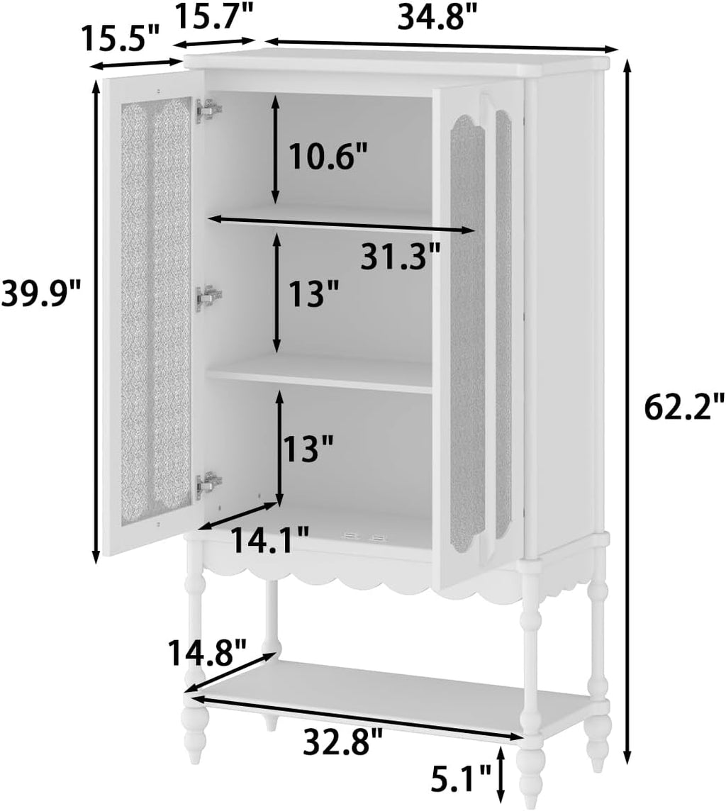 ECACAD 62.2" H Vintage 4-Tier Kitchen Pantry Freestanding Accent Storage Cabinet with Embossed Glass Doors, Solid Wood Legs & Bottom Shelf for Dining Room, White