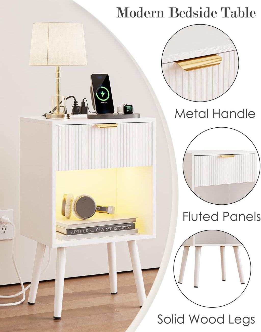 White Fluted Nightstand with Charging Station, Modern Bedside Table with Storage Drawer, Wood Night Stand Side End Table for Bedroom, Living Room, Office