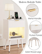 White Fluted Nightstand with Charging Station, Modern Bedside Table with Storage Drawer, Wood Night Stand Side End Table for Bedroom, Living Room, Office