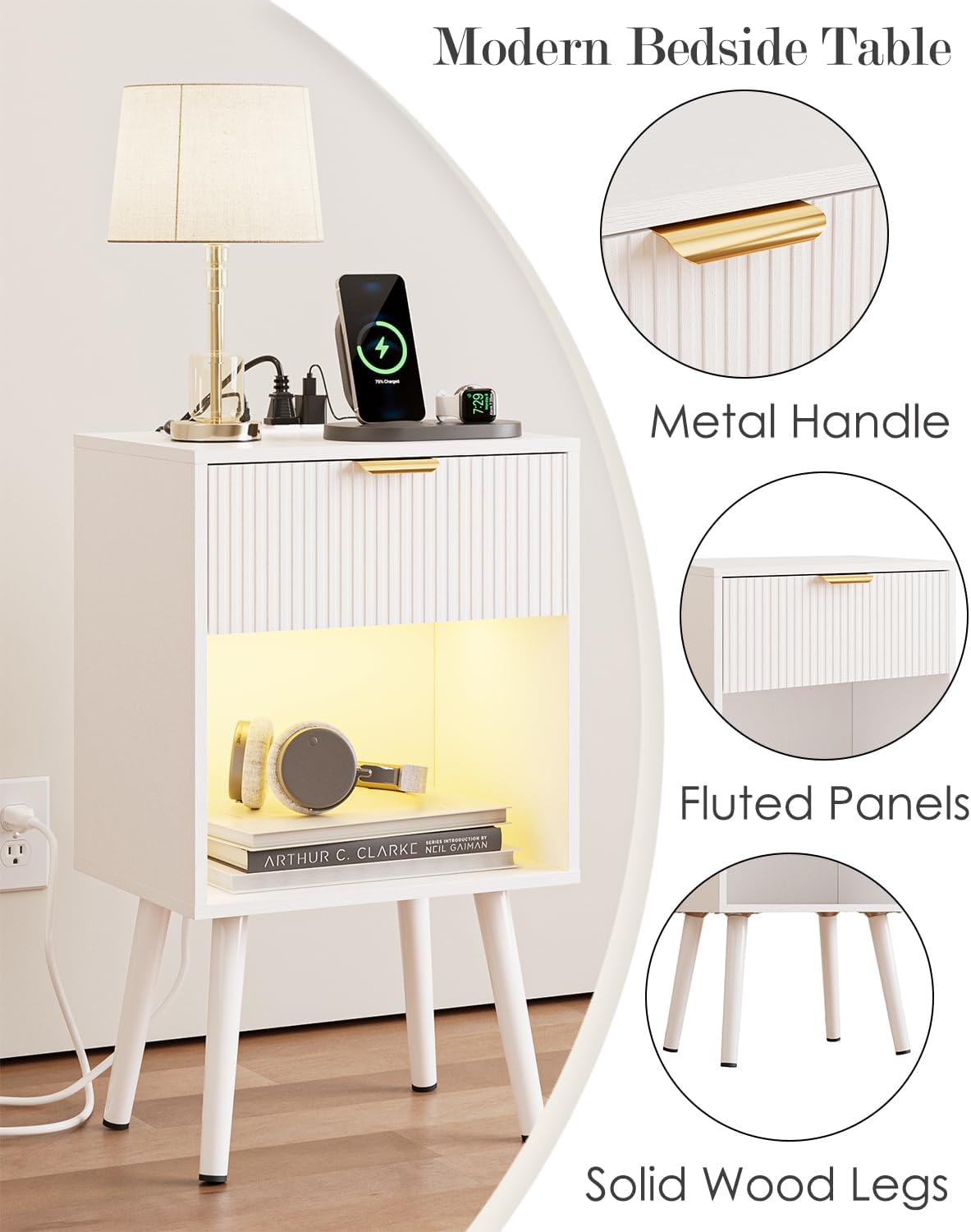 White Fluted Nightstand with Charging Station, Modern Bedside Table with Storage Drawer, Wood Night Stand Side End Table for Bedroom, Living Room, Office