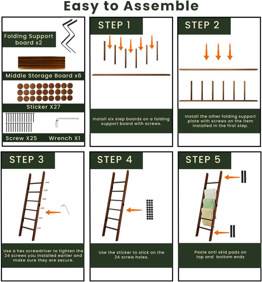 Decorative Foldable Wooden Blanket Ladder, 6-Tier Pine Wood Quilt Ladder 68" — Easy Assembly, Anti-Slip, Farmhouse Decor Rack Stand for Living Room, Bedroom Bathroom (Brown)