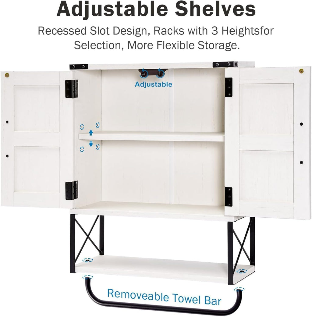 RUSTOWN Farmhouse Medicine Cabinet with 2 Barn Door, Wood Wall Mounted Storage Cabinet with Adjustable Shelf and Towel Bar, 3-Tier Bathroom Cabinet for Bathroom, Living Room(Vintage White, Medium)