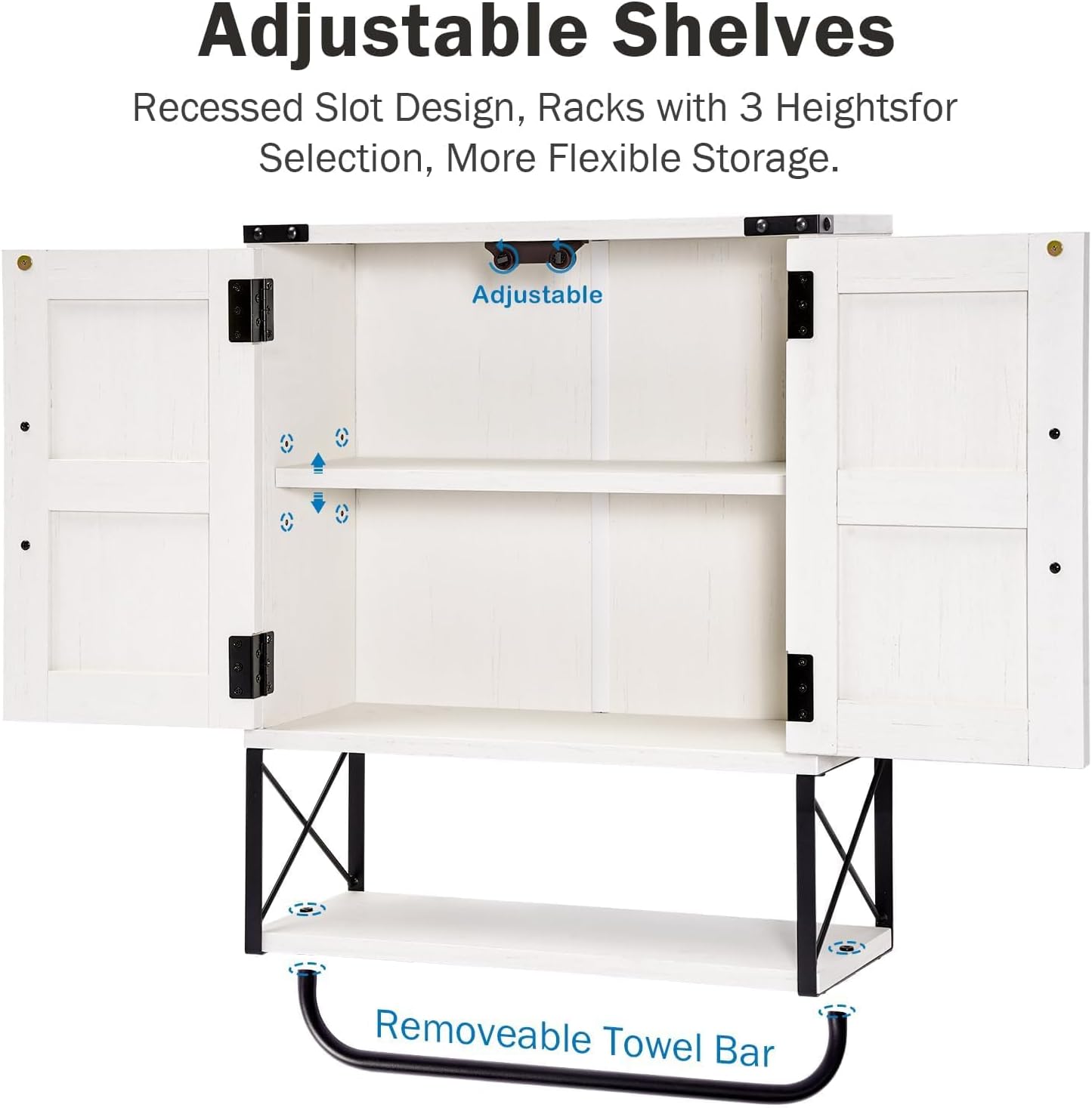 RUSTOWN Farmhouse Medicine Cabinet with 2 Barn Door, Wood Wall Mounted Storage Cabinet with Adjustable Shelf and Towel Bar, 3-Tier Bathroom Cabinet for Bathroom, Living Room(Vintage White, Medium)