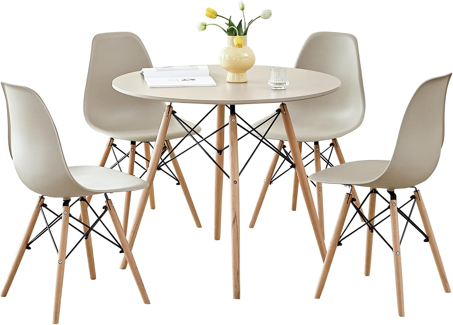 5-Piece Round Dining Table Set, Small 35.5" Kitchen Table Chairs Set of 4 Space Saving Furniture, Plastic Seats, Solid Wood Legs, for Living Room Apartment Office Home, Sand