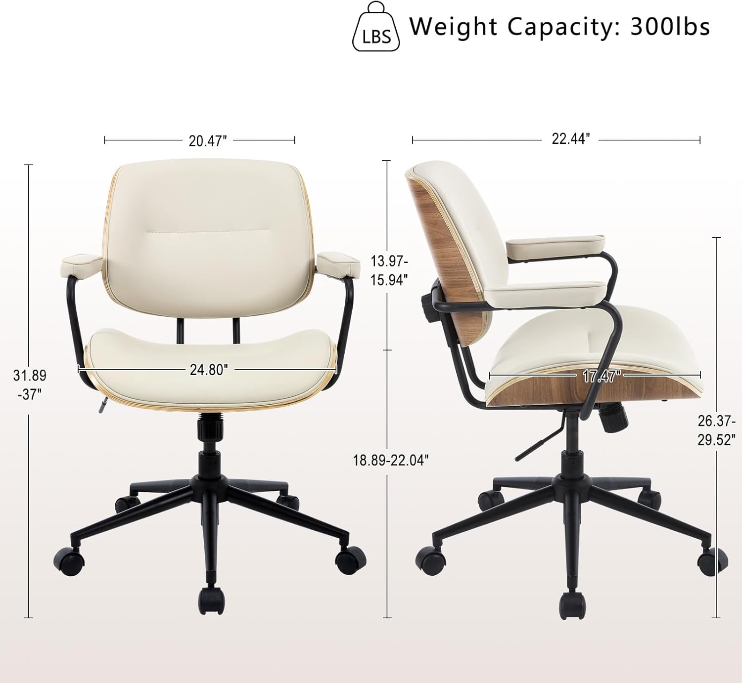 Mid Century Modern Office Chair with Adjustable Backrest, Wooden Desk Chair with Armrests, Swivel Height Adjustable Home Office Chair, Comfortable Task Chair for Home Office, Beige