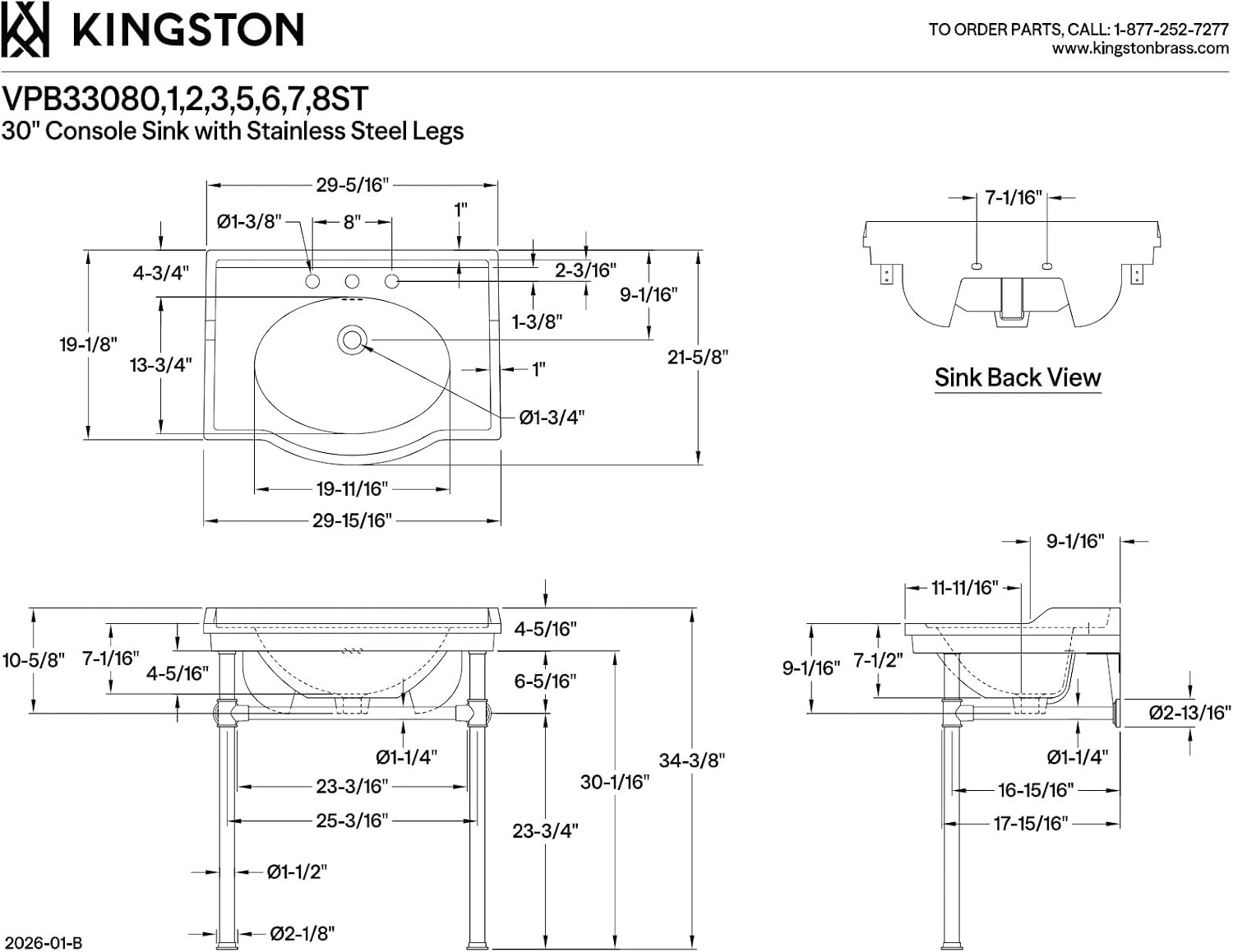 Kingston Brass VPB33086ST Victorian 30-Inch Console Sink with Stainless Steel Legs, Polished Nickel