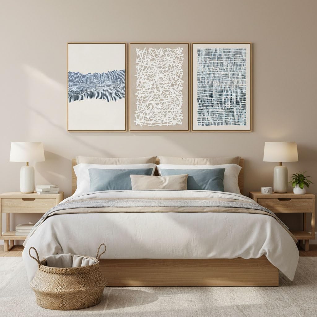SAFERRYHOME Mid Century Neutral Blue Contrast Boho Wall Art - Modern Framed Canvas Prints Large Abstract Zen Lines Geometric Pattern Decor for Living Room, Home Office, Dining Room - 3 Pieces 24x36 Inch