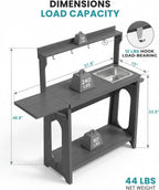 Outdoor Potting Bench Table with Removable Sink, Heavy Duty, Gray | All-weather HIPS, sleek gray finish, fold-out 51.8 in worktop, 7 tool hooks, storage shelves, 240 lb load, no rot or sealing
