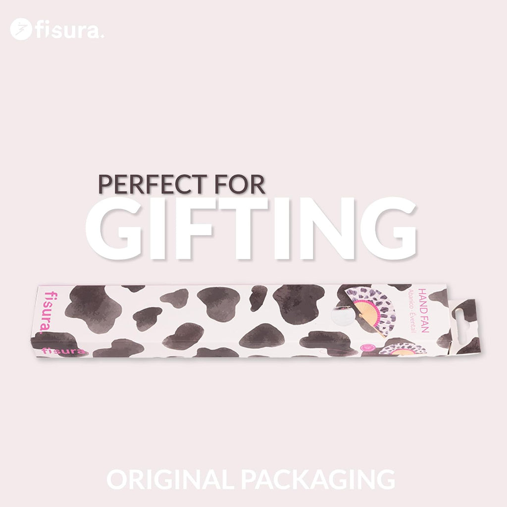 FISURA Wooden Hand Fan with Eye-catching Black and White Cow Pattern Original Stylish Accessory Portable Handheld Fan with Handy Hanger Dimensions: 42.5 x 23 cm