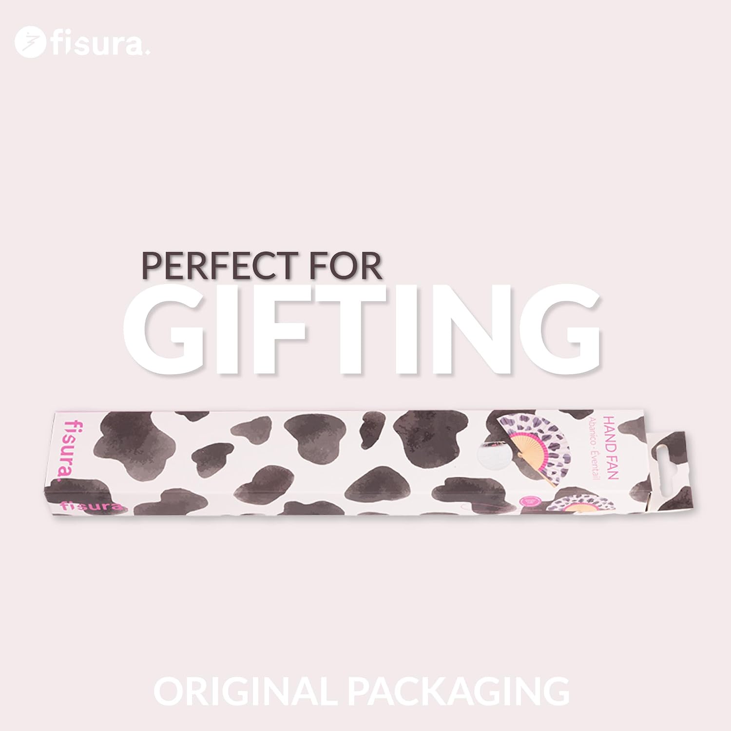FISURA Wooden Hand Fan with Eye-catching Black and White Cow Pattern Original Stylish Accessory Portable Handheld Fan with Handy Hanger Dimensions: 42.5 x 23 cm