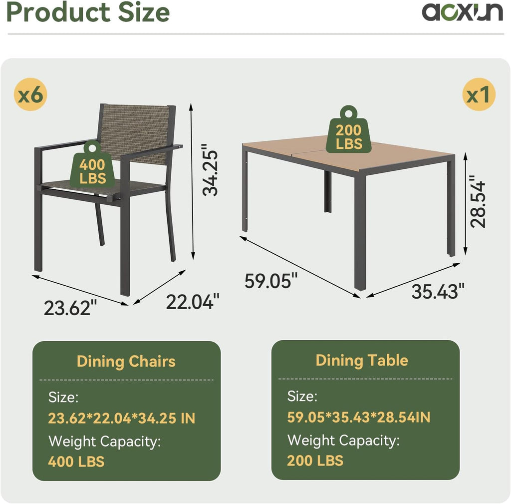 Aoxun 7-Piece Patio Table and Chairs Set for 6, All Weather Outdoor Dining Set with 6 Textilene Chairs and 1 Rectangular Metal Table, Patio Dining Sets for Backyard, Brown