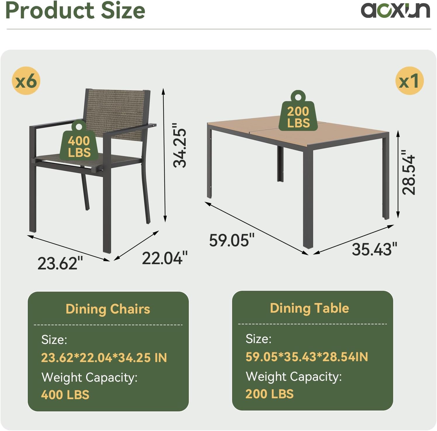 Aoxun 7-Piece Patio Table and Chairs Set for 6, All Weather Outdoor Dining Set with 6 Textilene Chairs and 1 Rectangular Metal Table, Patio Dining Sets for Backyard, Brown