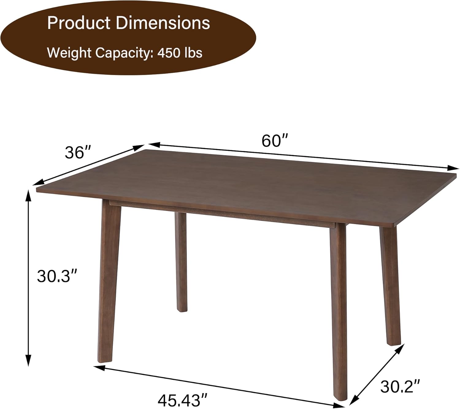 60" Rustic Farmhouse Dining Table - Solid Wood Frame, Minimalist Modern Dining Table for Kitchen, Dining Room, Living Room, Walnut