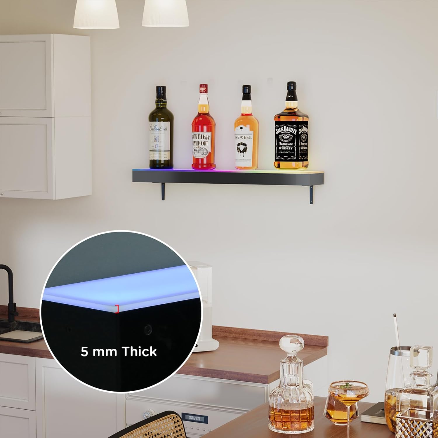 Dethan 1 Tier 24 Inch Liquor Bottle Display Shelf – Wall-Mounted Acrylic Wine Rack for Home Bar, Kitchen, or Restaurant Use – Modern Alcohol Bottle Organizer for Counter or Wall