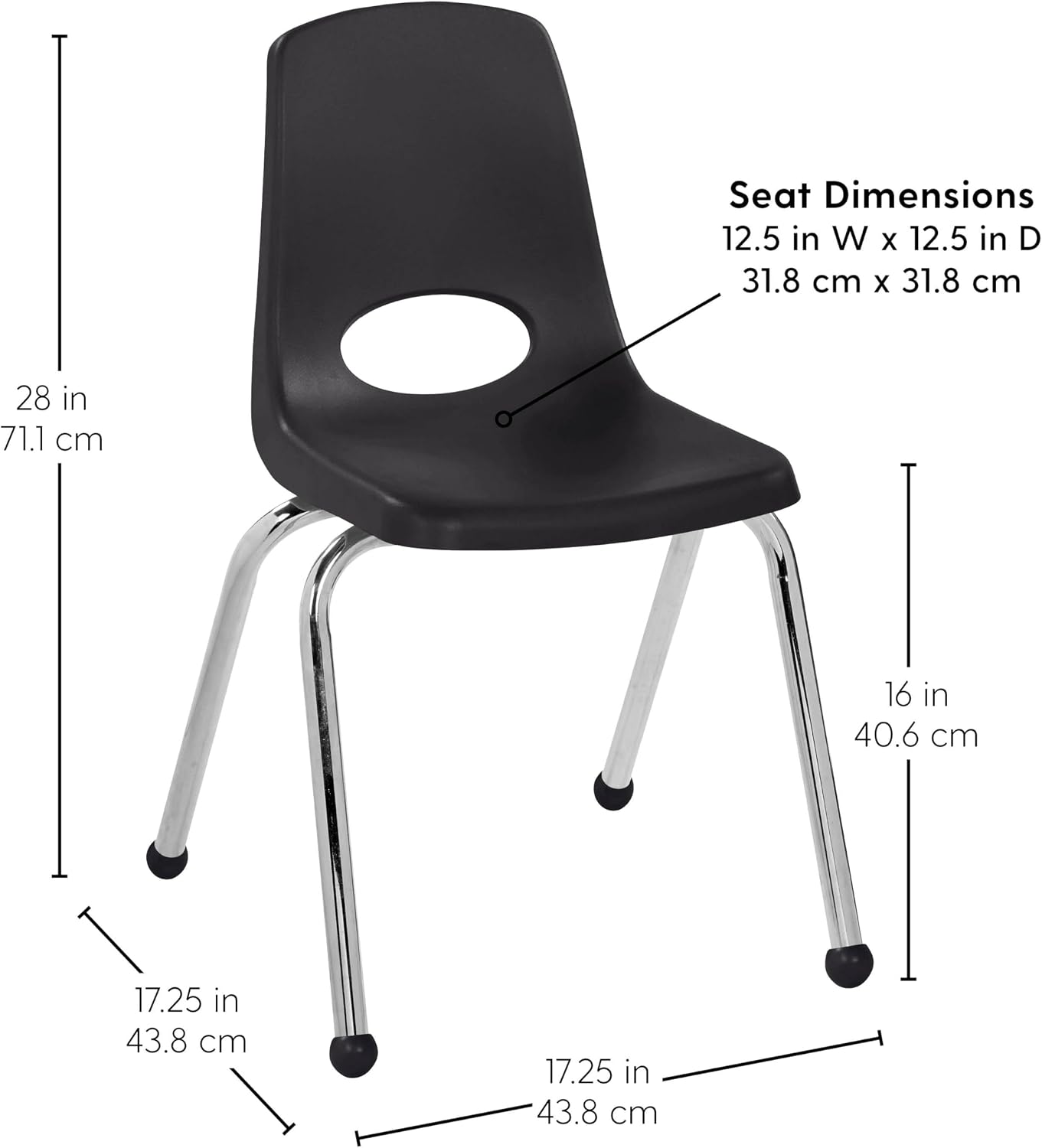 FDP 16" School Stack Chair, Stacking Student Seat with Chromed Steel Legs and Ball Glides for in-Home Learning or Classroom - Black (4-Pack), 10382-BK