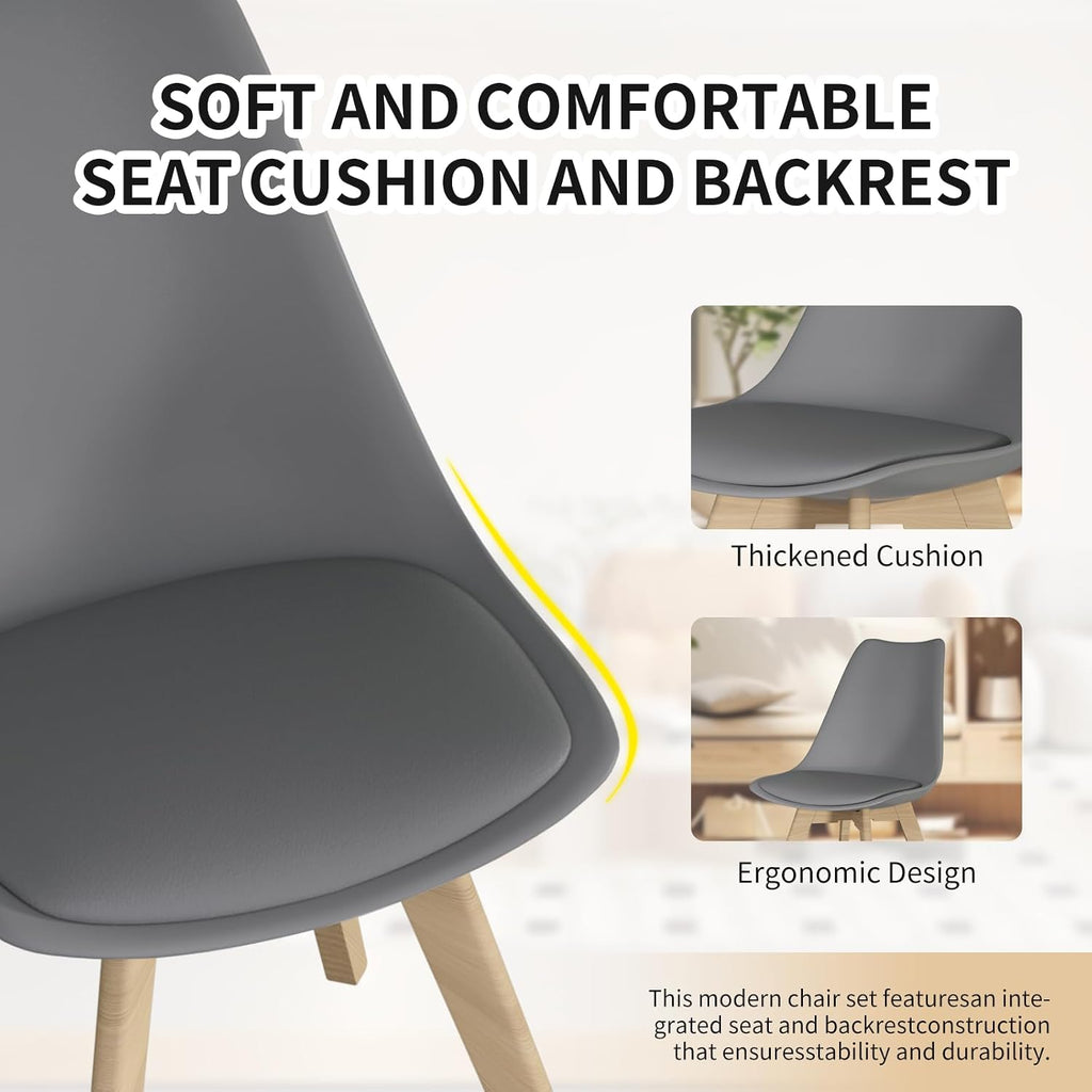 SHGJ&SOFT Modern Dining Chair Set of 4, PU Leather Kitchen Chair with high Back, Tulip Chair with Solid Wood Legs with Cushion and Back Cushion for Living Room Bedroom Dining Room (Gray, 4 PC)