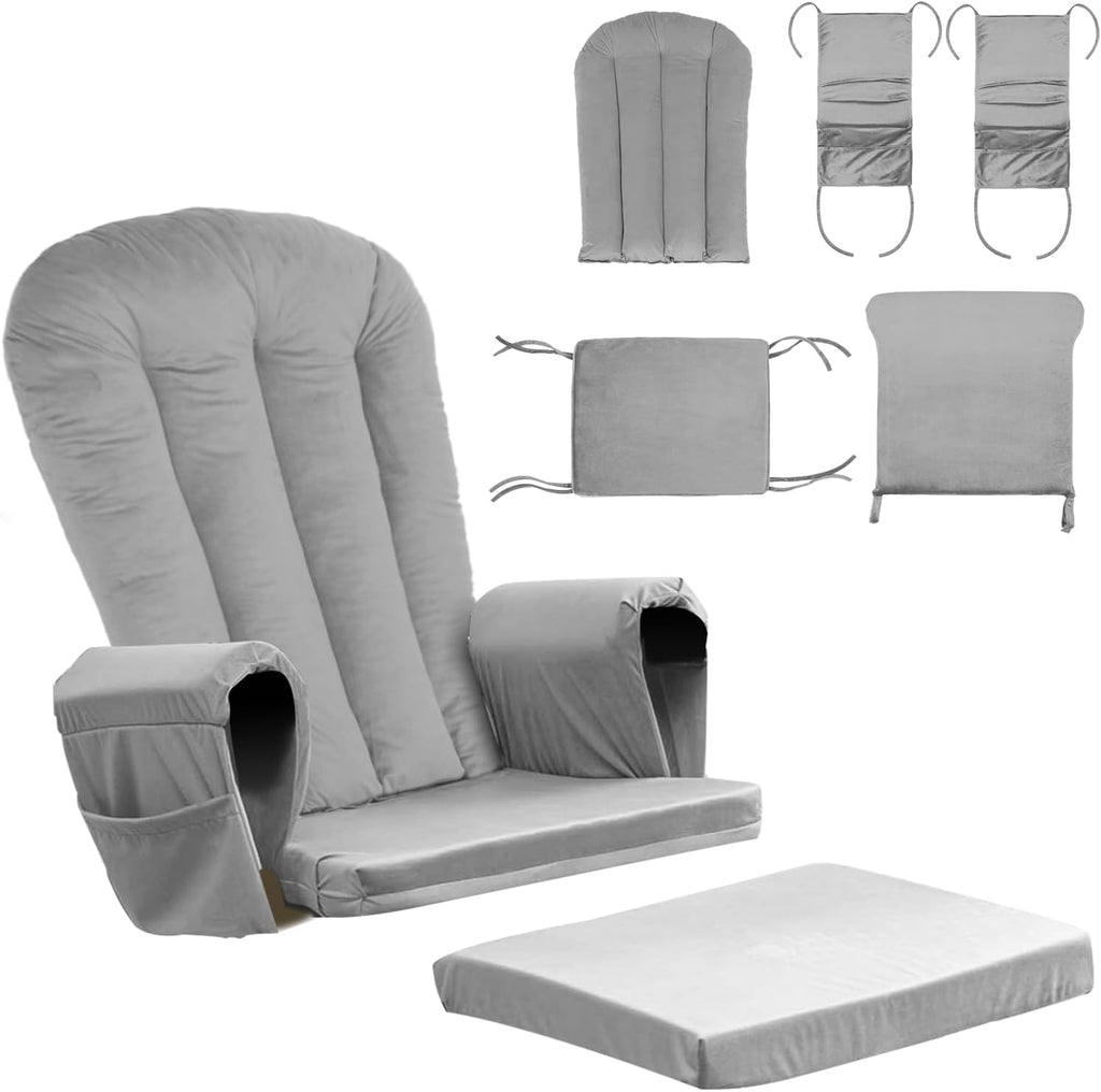 Lucky Monet 5PCS Velvet Glider Rocker Replacement Cushions, Thickened & Supportive Rocking Chair Cushion Set with 29.5 Inch High Backrest & Storage Pockets, for Indoor Nursery Glider, Grey