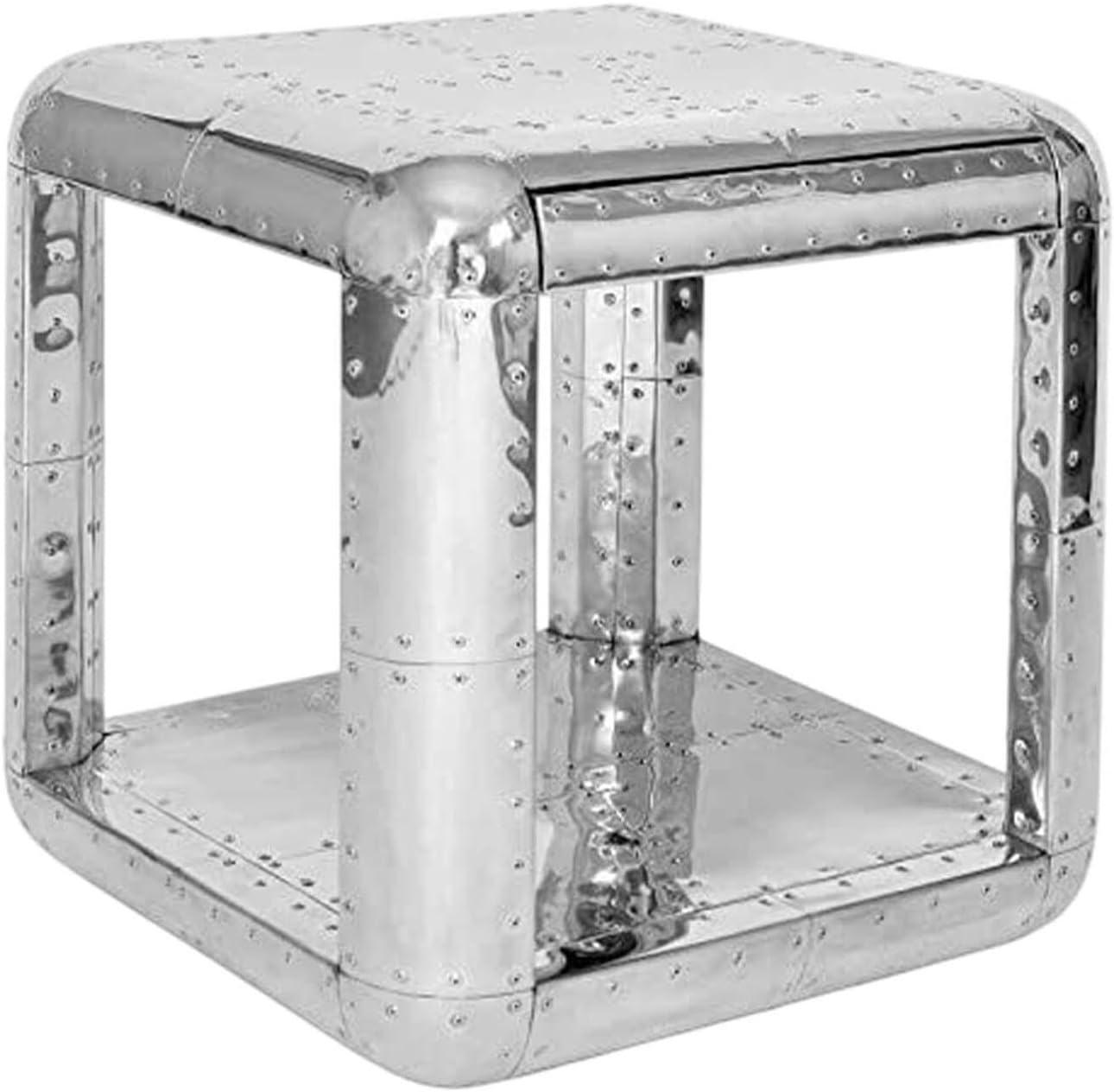 Aviator Side Table with Small Drawer Aluminum Finish Industrial Riveted Accent Table