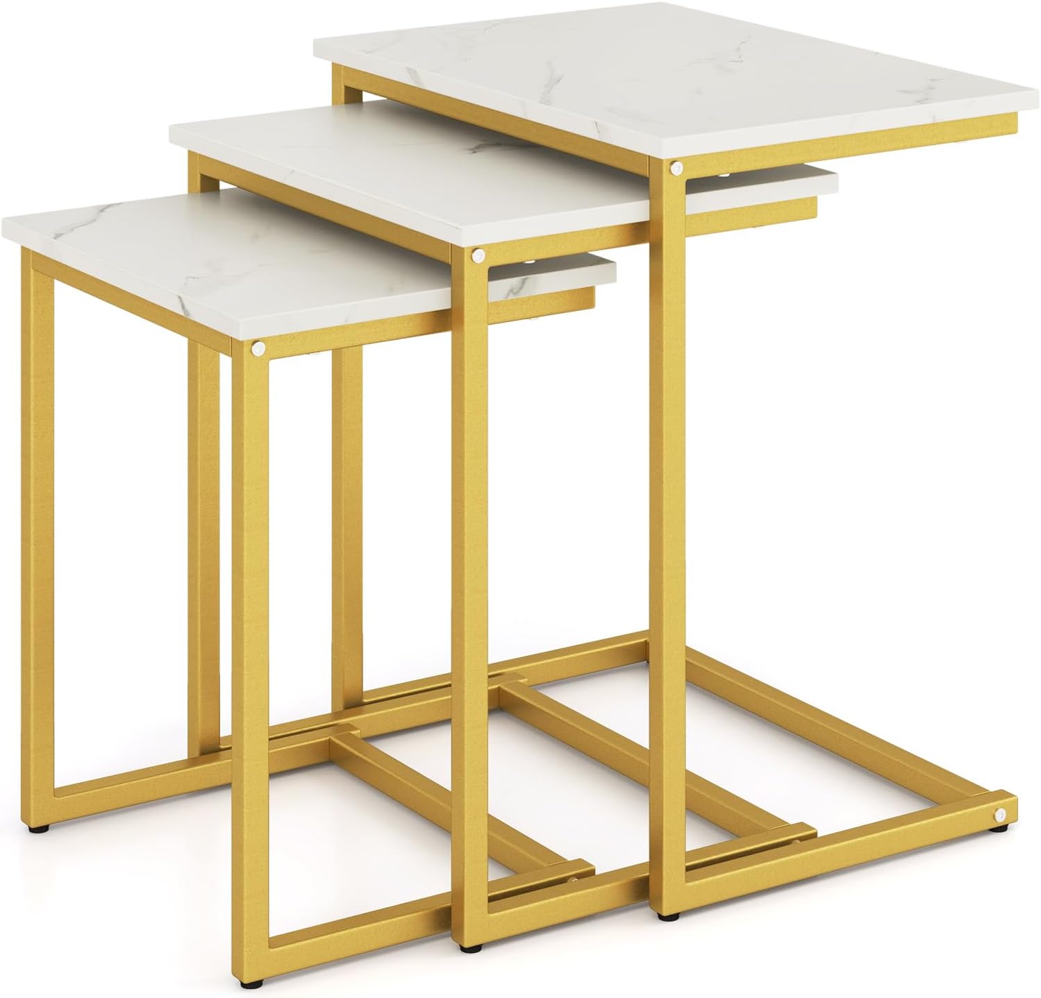 GOFLAME Nesting Coffee Tables Set of 3, Rectangular Nesting Center Table with Faux Marble Top & Metal Frame, Modern C-Shaped Nested Side Table Set for Living Room, Bedroom, Gold & White