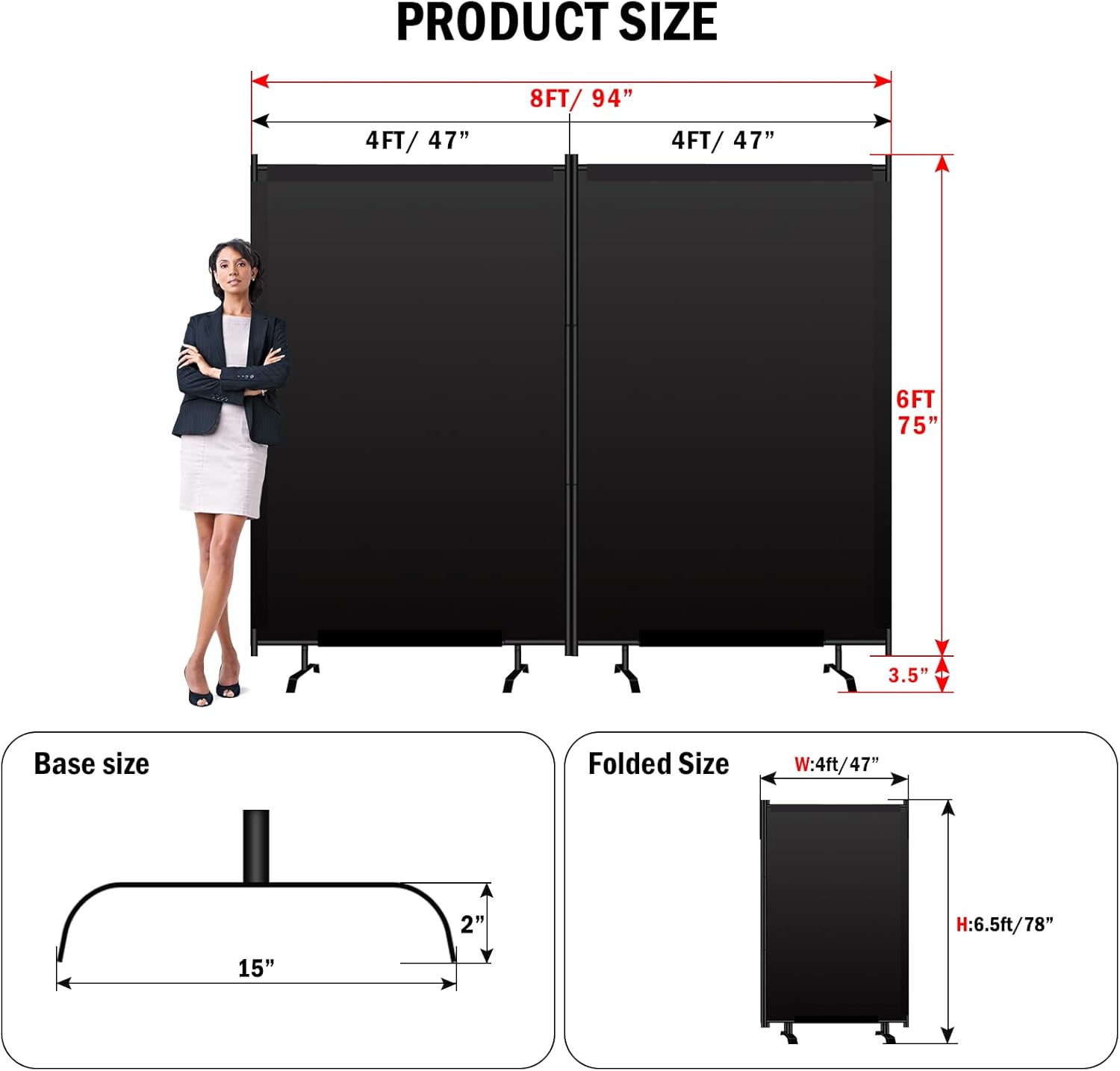 Room Divider Panel, Siebwin 2 Panel Folding Privacy Screens with Wider Feet, 8 Ft Portable Room Partition for Room Separator, Room Divider Screen Partition Room Dividers Freestanding