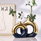 Flower Vase for Home Decor - Gold and Navy Blue Ceramic Vase Set of 2, Donut Vase for Blue Decor, Modern Boho Decorative Vase, Round Hollow Pampas Grass Vase, Dining Table, Mantel & Centerpiece