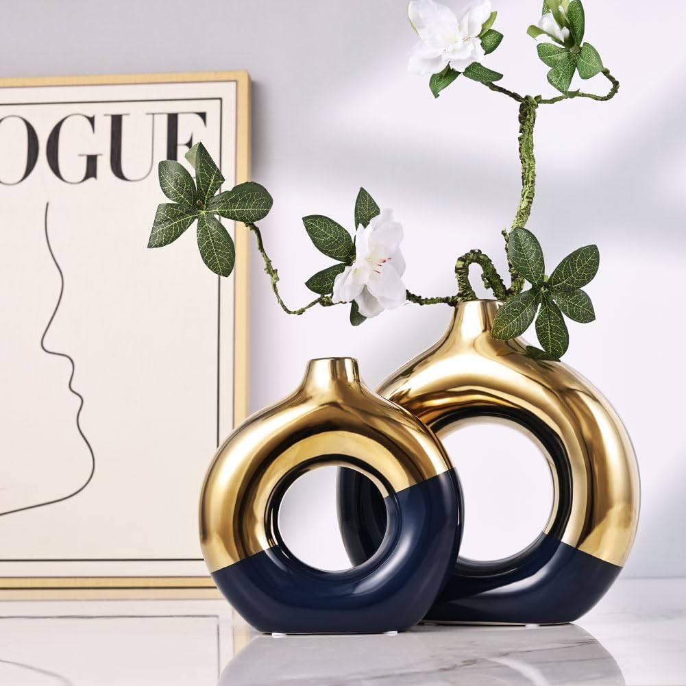 Flower Vase for Home Decor - Gold and Navy Blue Ceramic Vase Set of 2, Donut Vase for Blue Decor, Modern Boho Decorative Vase, Round Hollow Pampas Grass Vase, Dining Table, Mantel & Centerpiece