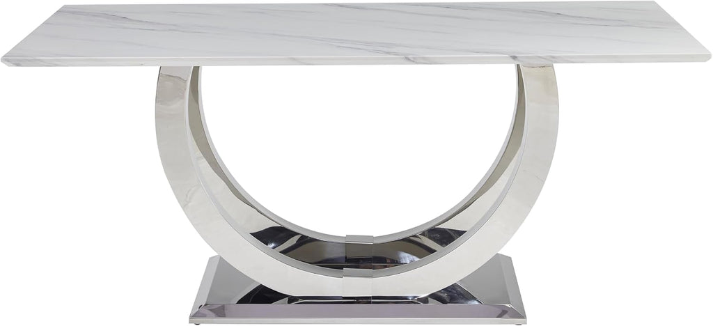 SSLine Modern White Marble Dining Table for 6-8 Rectangle 69.3" Faux Marble Kitchen Table with Silver Stainless Steel Dual U Shape Pedestal Base Luxury Dining Room Table for Home Kitchen