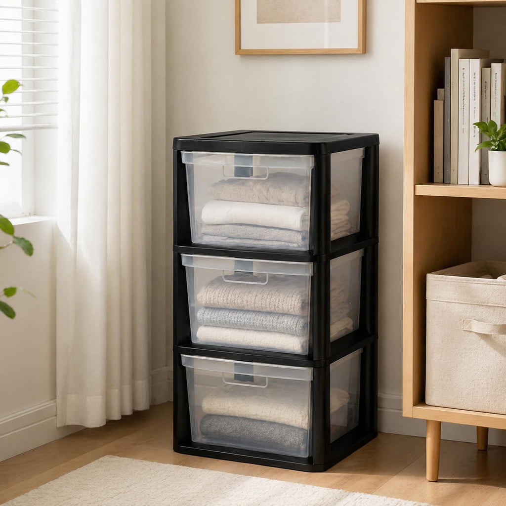 3-Drawer Plastic Storage Organizer Tower, Black Frame with Clear Removable Bins, Tool-Free Assembly, 25.25" H - Stationary Multi-Purpose Drawer Storage