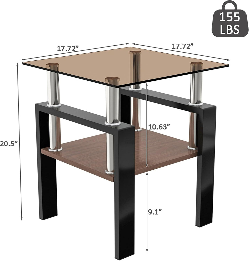 Glass Side Table Set of 2, Small 2-Tier End Table with Tempered Glass Top and Metal Legs, Clear Small Corner Table for Living Room, Bedroom, Apartment (Brown+Black)